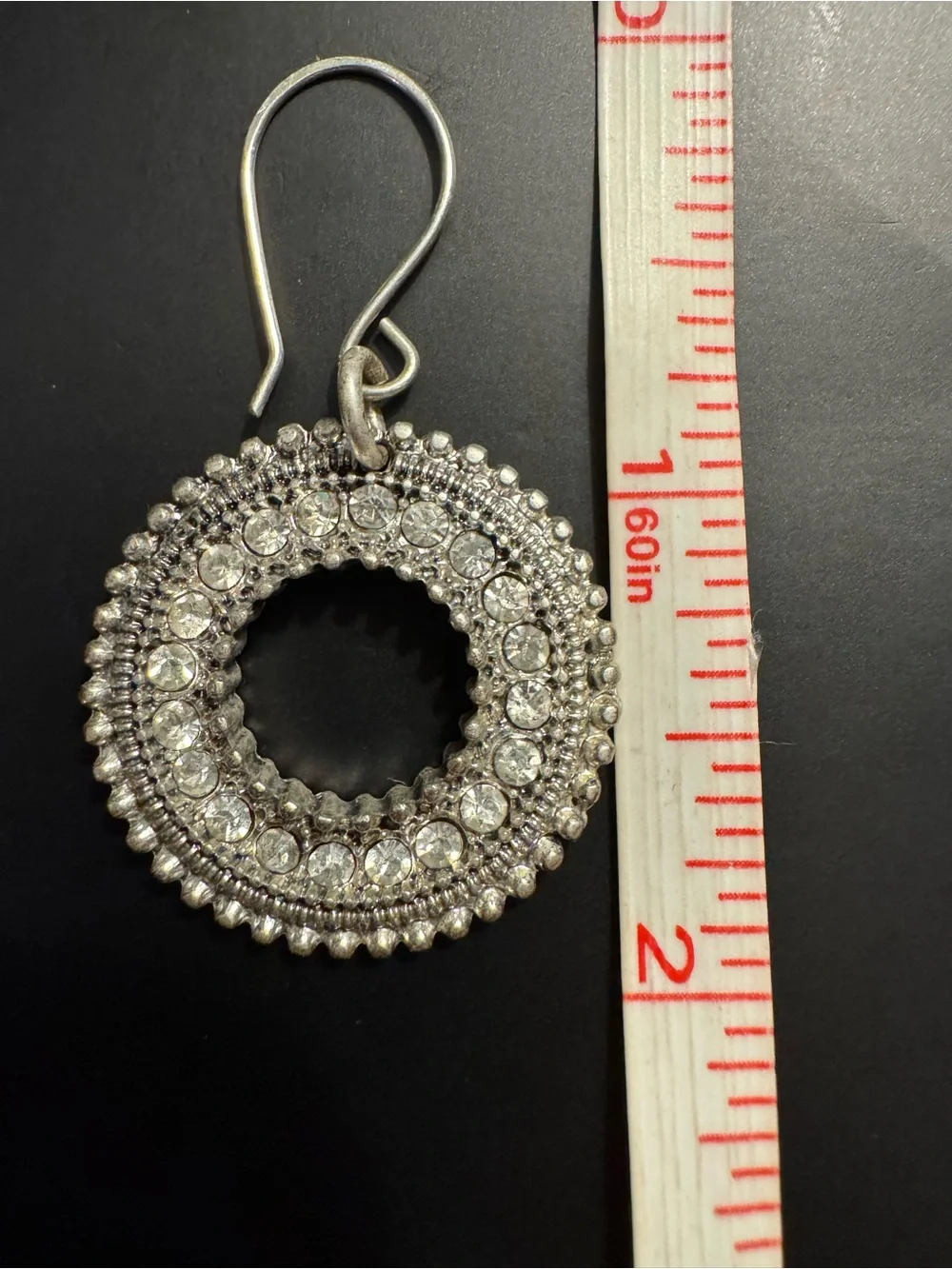 Silver Crystal Circle Drop Earrings - Ornate Pewter Style - 2”